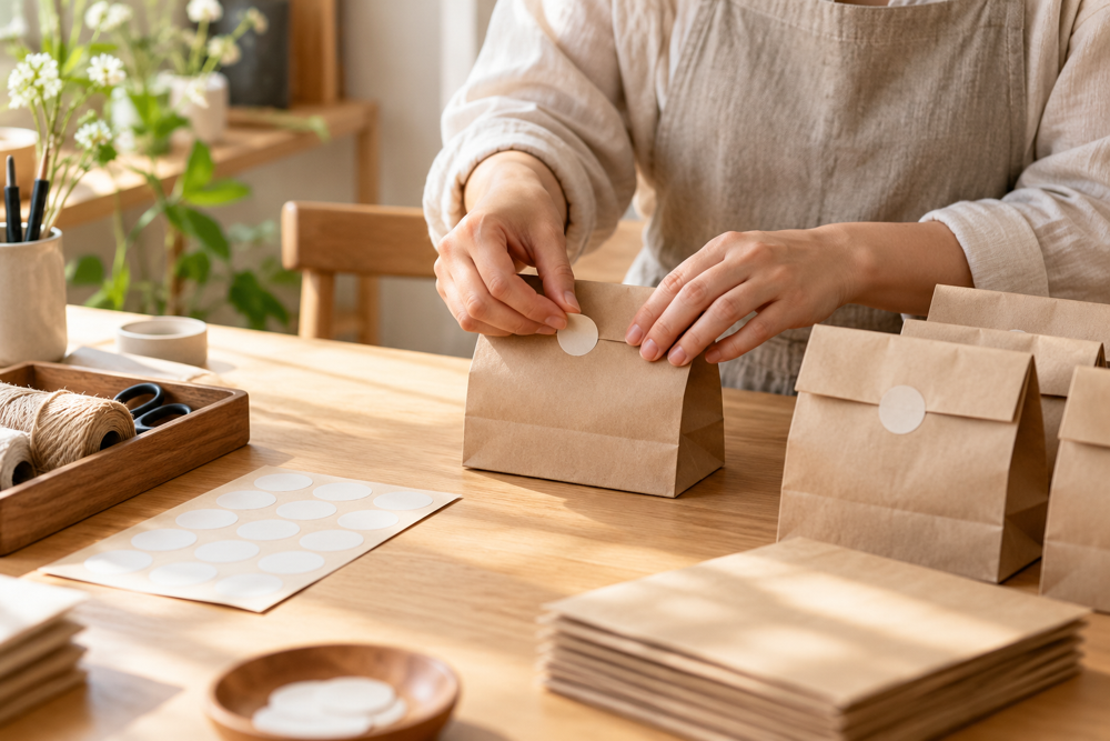 小物用の紙袋にラベルを貼る作業例